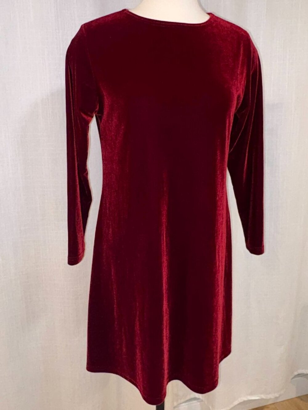 Deep Red Velvet A-line Mini Dress - Long Sleeve